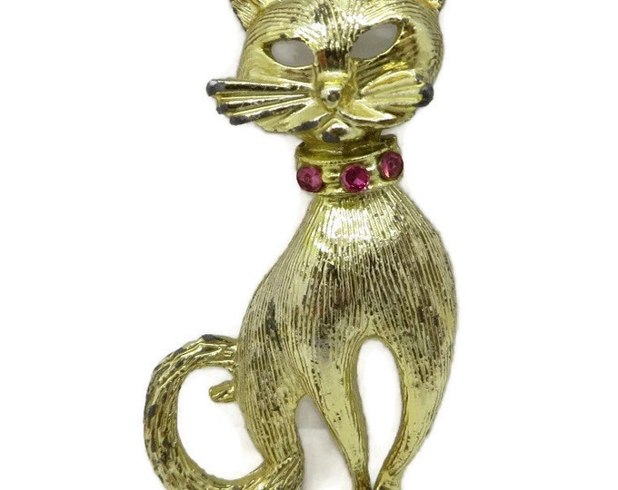 Gold Cat Brooch, Vintage Gold Tone Kitty Pin, Rhinestone Studded Pin, Kitty Kat Pin, Gift Idea