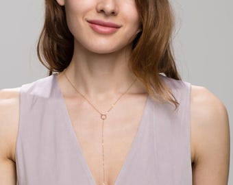 Gold lariat necklace, Silver lariat necklace - halo Y lariat necklace, 14K Gold filled / Sterling silver EL013