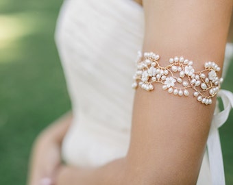 wedding bracelet, bridal cuff, bridal bracelet, wedding cuff, pearl cuff bracelet, floral bracelet, flower bracelet, pearl bracelet - KARIN