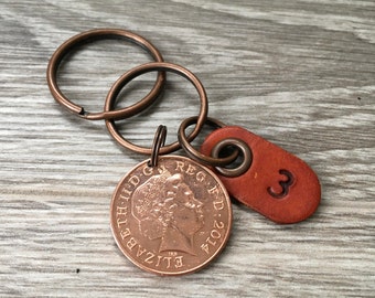 3rd anniversary gift, 2014 coin keyring, leather keychain, Leather wedding Anniversary gift for him, her, husband, wife, woman, three years