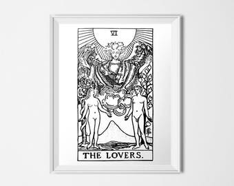 The Lovers Print, Tarot Card Poster, Rider-Waite Couple, Wedding Art Mystic Decor, Black White Minimalist Decor 8x10 11x14 16x20 18x24 24x30
