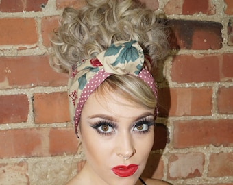 Vintage Rose Rockabilly Retro Pin up Wired Reversible Headband Headwrap