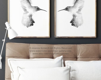 Hummingbird Black White Illustration, 2 Grey Colibri Drawing, Abstract Minimalist Bird Art Print, Two Hummingbirds set Home Decor Painting