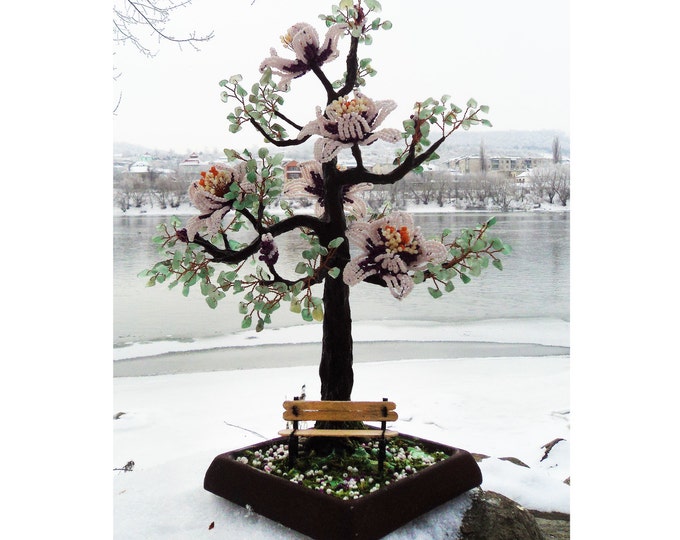 Artificial french beaded magnolia tree with natural jedi stones leaves - miniature tree - beaded sculpture - woody plant - tree of life