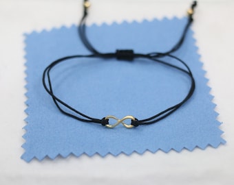 tiny brass gold infinity bracelet,black cord string bracelet,handmade friendship woven bracelet,thin simple bracelet,delicate bracelet gift