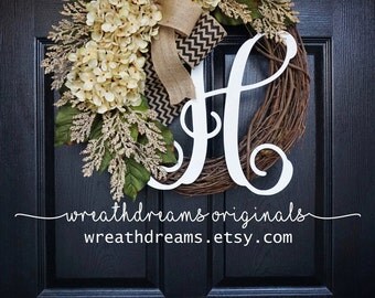 BEST SELLER! Antique White Hydrangea Wreath. Burlap Wreath. Year Round Wreath. Spring Wreath. Summer Wreath. Monogram Wreath. Door Wreath