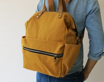 SALE 15% Canvas yellow mustard diaper Backpack ,handbag, Canvas backpack, Diaper Bag, Laptop bag, Women , unisex , School bag, Vegan Leather
