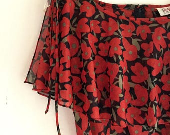 vintage dress, 70's, floal, black red green flowers sheer dress size s summer medium length simple style light fabric free people belt sheer