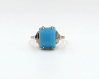 9ct Gold Art Deco Ring With A Turquoise Glass Stone | Antique 9K White & Yellow Gold 9 ct Dress Ring | UK size P ~ US size 7 1/2