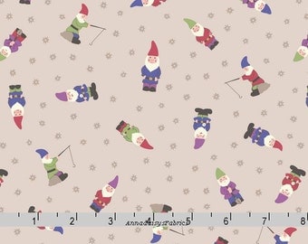 Garden Gnomes Fabric, Lewis & Irene Grandma's Garden A199 3, Garden Gnomes on Natural, Mini Gnomes Quilt Fabric, Cotton Yardage