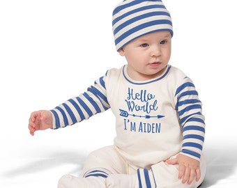 Personalized Newborn Boy Coming Home Outfit, Newborn Boy Outfit, Baby Boy Romper, Baby Boy Outfit, Blue Stripe Romper, Hello World, TesaBabe