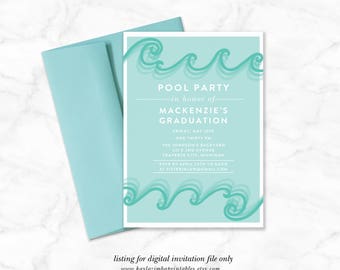 Pool Party Graduation Invitation Printable, Summer Celebration Invitation, Backyard Party Invite, Summer, Watercolor Summer BBQ, Graduation