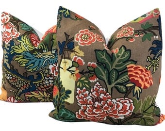 TWO Chiang Mai Pillow Dragon Pillow Chinoiserie Schumacher ONE PAIR w/Linen Aquamarine Mocha Jade Alabaster China Blue