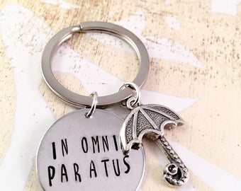 In Omnia Paratus Keychain, Rory, Logan, Luke's, Gilmore Girls keychain, In Omnia Paratus key ring, Umbrella Charm Keychain,
