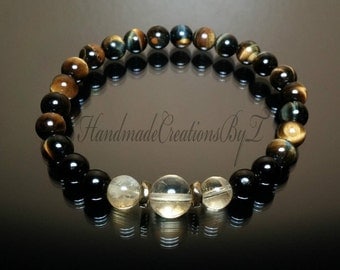 Citrine, Black Tourmaline & Tiger Eye Bracelet - Healing Chakra Bracelet, Stretch Bracelet Jewelry for Men Women Mediation Yoga Mala Chi
