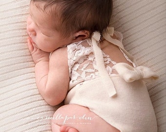 Newborn photo prop, photo session props, Newborn lace romper, Baby lace props, Newborn knit romper, Dainty Romper, Photo romper, Neutral