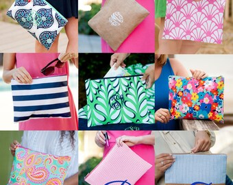 Monogrammed Zip Pouch Available in 9 Colorful Patterns! (High Quality Lined Pouch / Cosmetic Travel Bag with Zipper Embroidered w. Monogram)