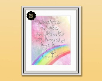 Real Sparkly Foil and Watercolour Child's Nursery Print, Somewhere Over the Rainbow Print, Nursery Art, Childs Bedroom Print, Foil Print