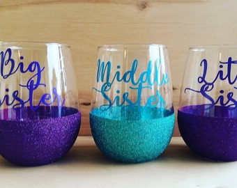 Set of 3- Stemless Wine Glasses- Sister Gifts-Glitter Wine Glasses-Gifts For Her-Gifts For Sisters-Unique Gift- Sisters-Wine lover gifts
