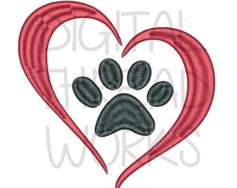 Love Puppy Paw Print Heart Embroidery Design for 4x4 5x7 and 6x10 inch hoop. Pet Adoption Logo Dog Paw Print ITEM# LPPPH