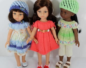Knitting pattern for top, dress and capri pants for Paola Reina doll (12"/32 cm) and Corolle Les Cheries doll (13"/33cm).