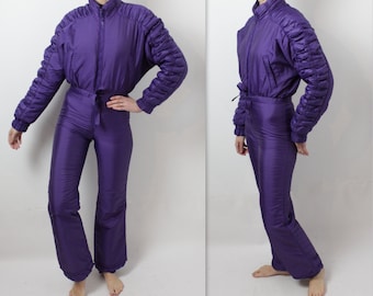 Purple Ski Suit One Piece Jumpsuit Womens Ski Suit Hipster Sportswear Snowboarding Activewear Lavender Snowsuit Vintage Winter Overall