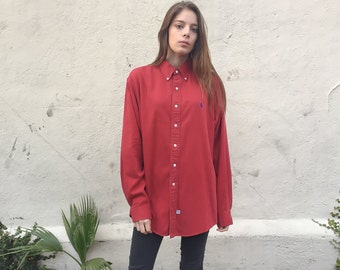 Vintage Ralph Lauren Shirt // 90s Polo Button Up Red Cotton Long Sleeve - Large to Extra Large xl