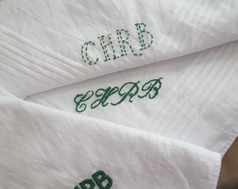 3 White Monogrammed Handkerchiefs - Cotton Handkerchiefs - Embroidered Pocket Squares