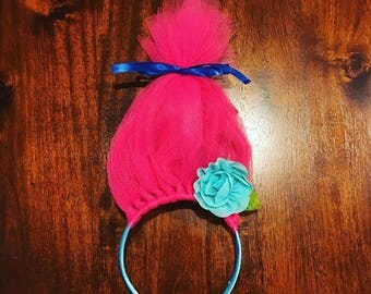 Trolls headband, princess poppy, pink, poppy, trolls headband with flower, dress up, costume, trolls, princess, pink hair, trolls hair