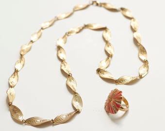 80's Pucci Inspired Necklace Set, Necklace, Ring, Enamel, Pink, Orange, Resort, Stamped