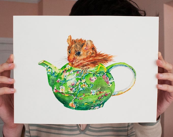 Dormouse Teapot Painting Original Watercolor Lewis Carroll Illustration Hazel Dormouse in Teapot Art Watercolor Painting Alice in Wonderland