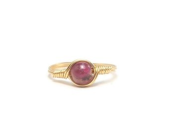 Pink Tourmaline Ring 14k Yellow Gold Fill Wire Wrapped Ring