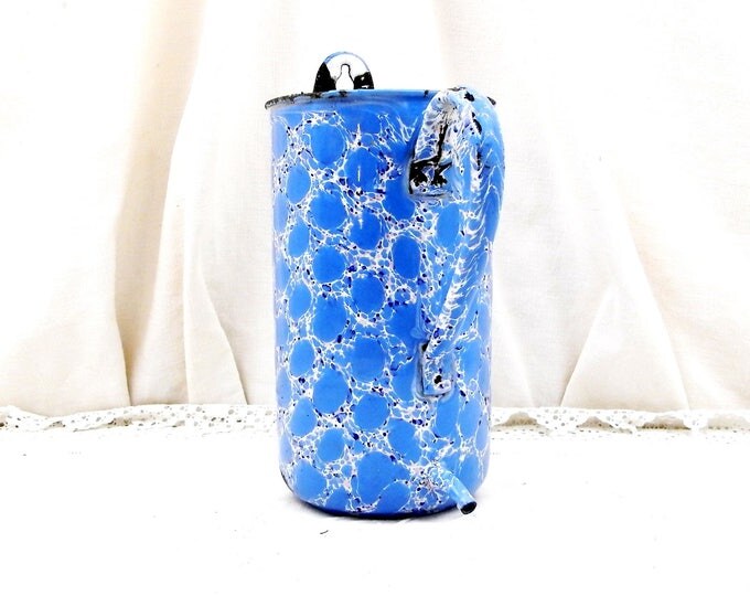 Antique Rare Enamel Blue Marbled Speckled White 2 Liter French Irrigator, Enamelware Washing Hanging Pot and Spout, French Country Decor