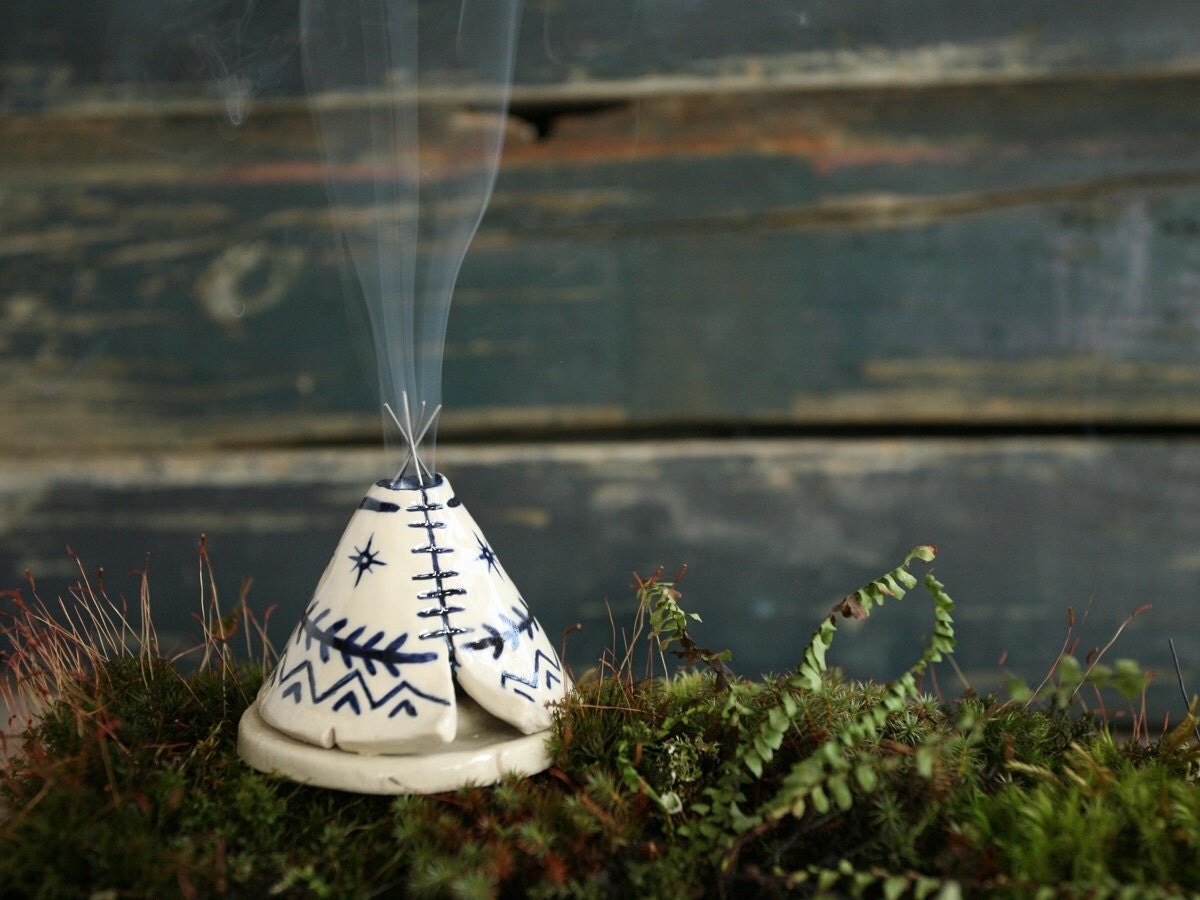 Incense Burner TeePee that smokes Ceramic Navy Blue and