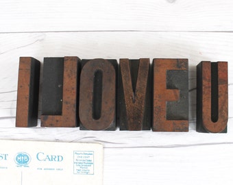 I LOVE U Letterpress Letter Blocks from 1930s, Vintage Wood Letterpress Letters, Vintage Valentine