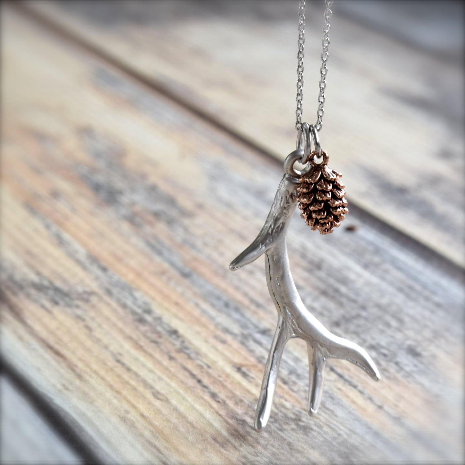 Antler Necklace, Branch Necklace, Long Silver Necklace, Silver Layering Necklace, Sweet Rose Gold Pinecone, Woodland Necklace