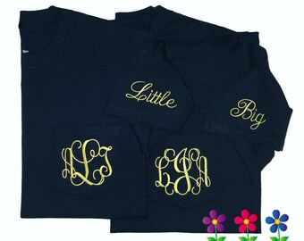 Embroidered Big Little Sorority Shirt Short Sleeve Monogrammed Pocket Tee Unisex ~ Lots of Colors ~ One shirt ~ GBig Twin GGBig Triplet Navy