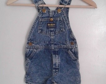 Vintage 1980's Toddlers' Oshkosh Distressed Med Blue Denim Overall Shorts Sz 3 3T Traditional Americana
