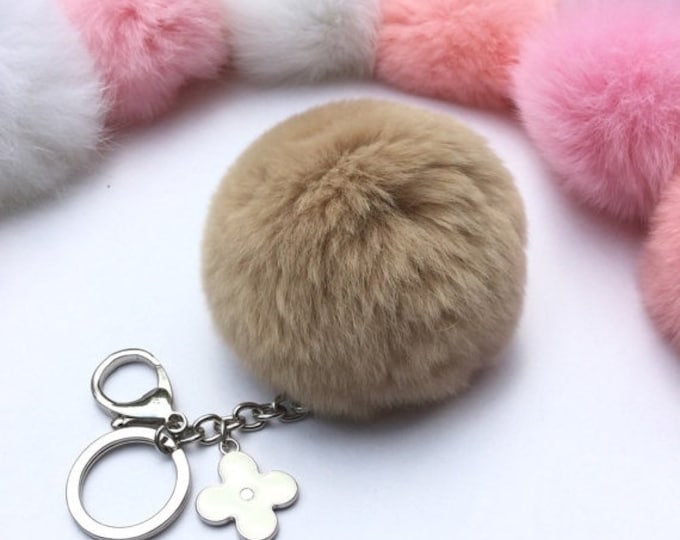 Silver Summer Series beige REX Rabbit fur pompom keychain ball with flower bag charm