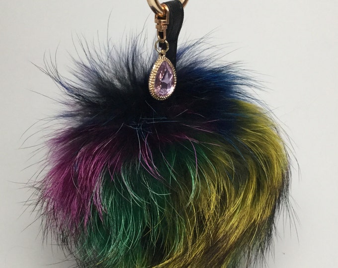 NEW Tropical Swirl™ Multi Color Raccoon Fur Pom Pom bag charm clover flower charm keychain piece piece no.603