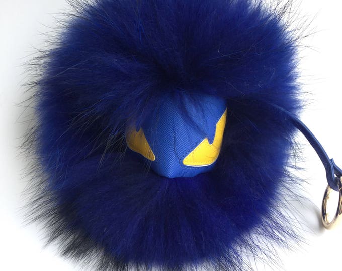 Royal Blue Face Monster Keychain Fur Pom Pom Chain Ball Bobble Key Ring Bag Pendant Charm with Strap and Metal Buckle - Real Fu