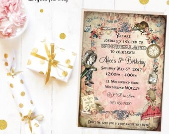 Digital Floral Personalised Alice in Wonderland Invitations - Printable,Download,Party,Birthday,Tea Party,Baby Shower