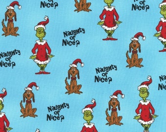 How the Grinch Stole Christmas Fabric Dr Seuss Blue Naughty Or Nice Cotton Robert Kaufman Fabric