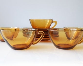 Vereco France Espresso Coffee Tea Cups and Saucers, Set of 5, Green Transparent Glass