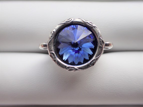 Sapphire Crystal Adjustable Ring, Antique Silver