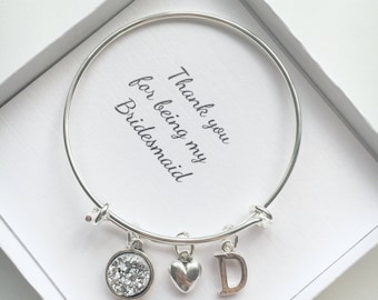 Personalised Bridesmaid Gift, Bridesmaid Jewellery, Charm Bracelet, Silver Bangle, Wedding Favour, Thank You Gift For Bridesmaid