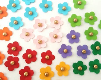 Rainbow colored paper flowers - Gold centre