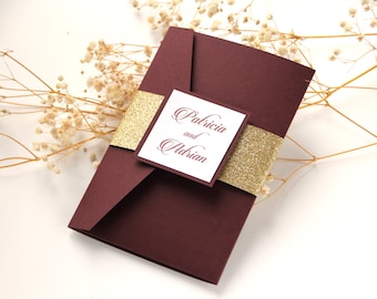 Burgundy Wedding Invitation, Burgundy and Gold Glitter Pocket Wedding Invitation, Marsala Invitation, Wine Invitation, Glitter Invitation