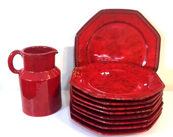 8 Plates + 1 Platter Mid Century Italian Art Pottery Mottled Glaze Signed PV Peasant Village of Italy Red Ceramic Majolica ~ Decades Dance