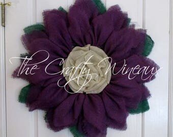 Purple Burlap Flower Wreath, Burlap Sunflower Wreath, Spring Wreath, Summer Wreath, Customizable Wreath